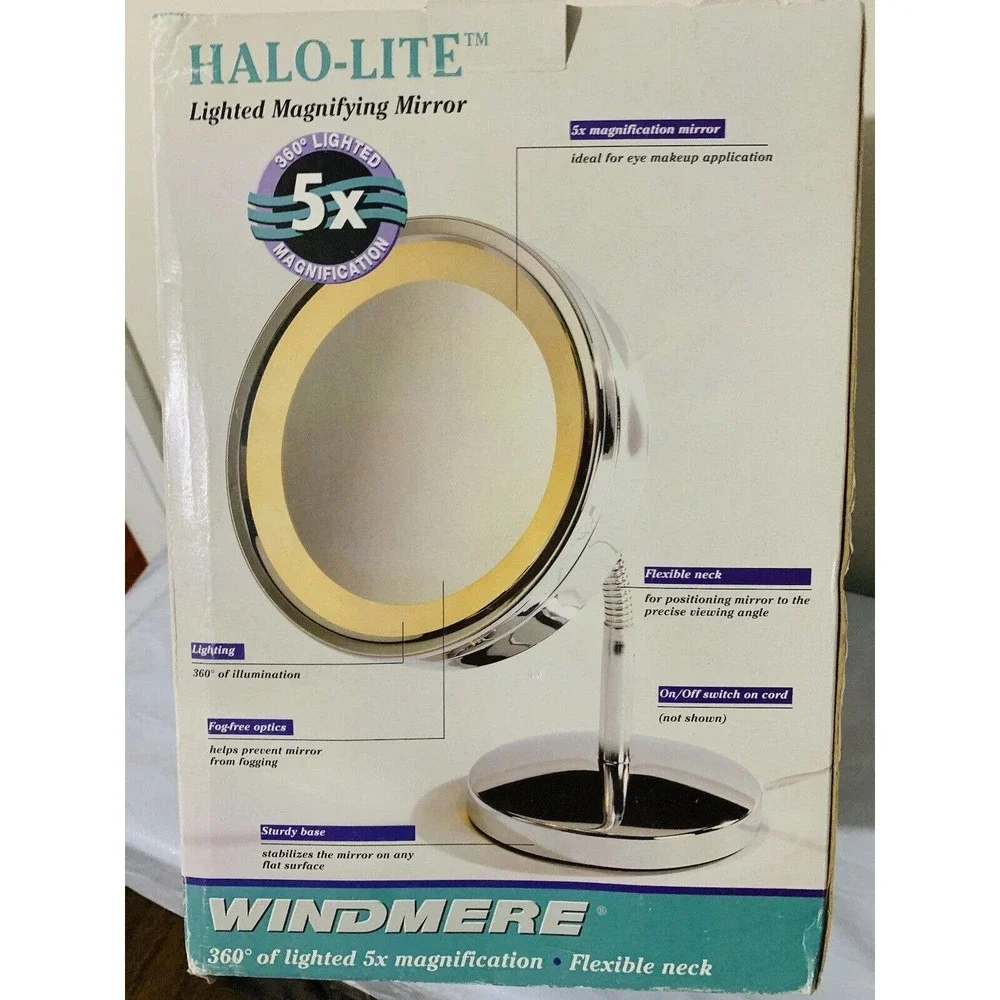 Windmere Vintage Halo-Lite 5x Magnification Mirror Flexible Neck Fog Free NIB